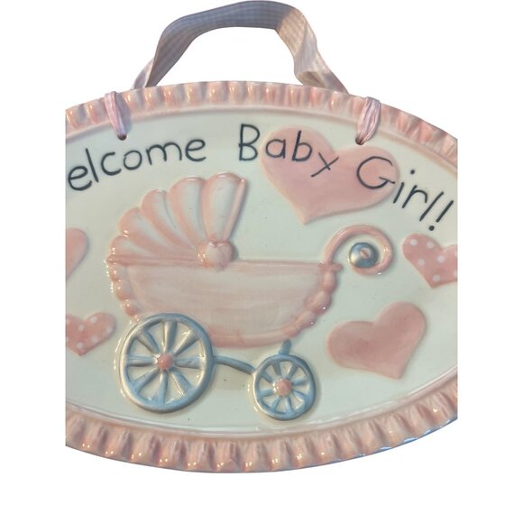 Mud Pie Ceramic Welcome Baby Girl Plaque Pink Gingham Ribbon Personalize NWOT - Picture 3 of 6